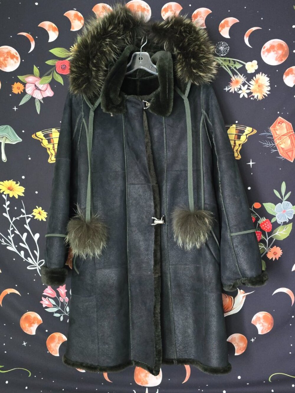 Epsilon Black | Dark Green  Fur-Trimmed Sheepskin midi Coat Penny Lane Style